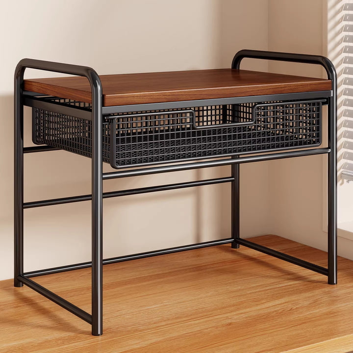 Two Tier Metal and Wood Printer Stand with Sliding Mesh Drawer and Under-Shelf Storage