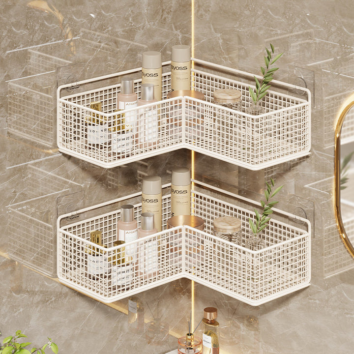 Corner Suction-Mounted Mesh Vanity Organizer with Dual Floating Baskets and Hook Rack