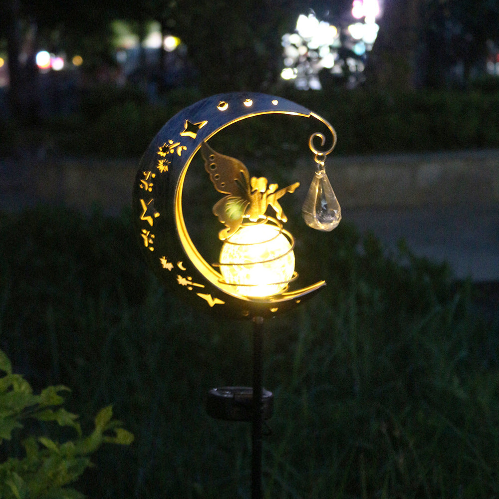 Crescent Moon Solar Garden Stake Light With Rotating Crackle Glass Orb And Butterfly Accent Kalsten