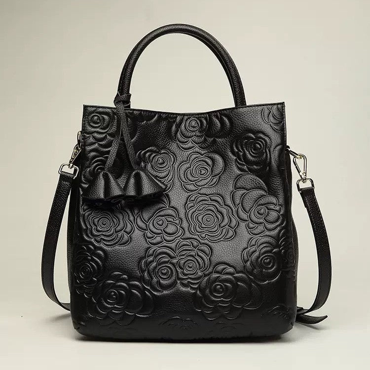 Embossed Floral Vegan Leather Top-Handle Tote with Detachable Crossbody Strap