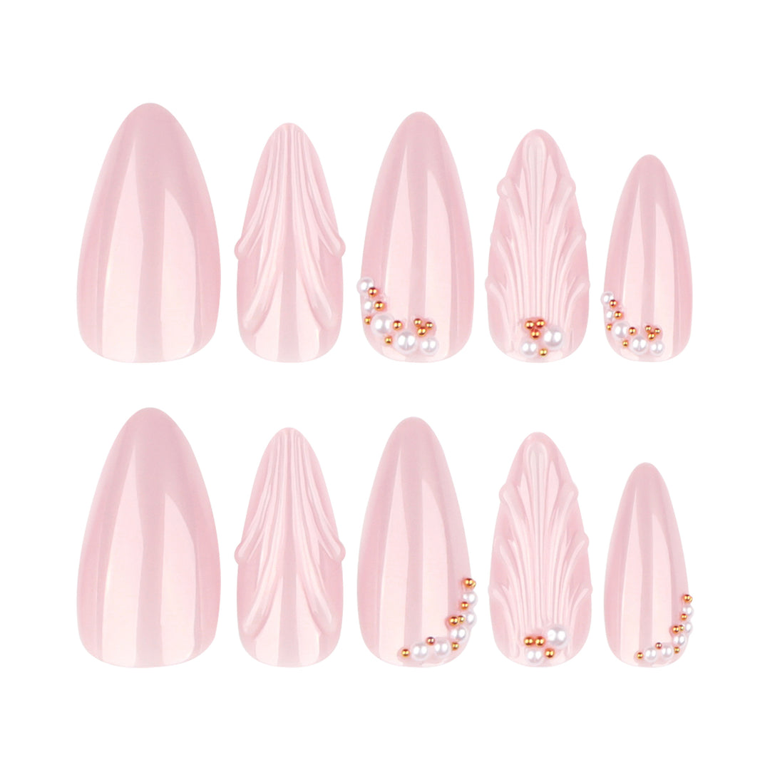 Elegant stiletto nails with shimmer design and pearl decorations Kalsten