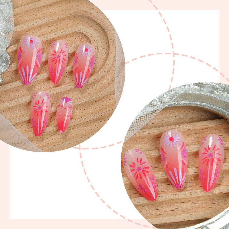 Artistic Press-On Nail Set with Floral and Geometric Patterns kalsten