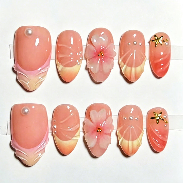 Artificial nail set with elegant floral decorations and luxurious shine Kalsten