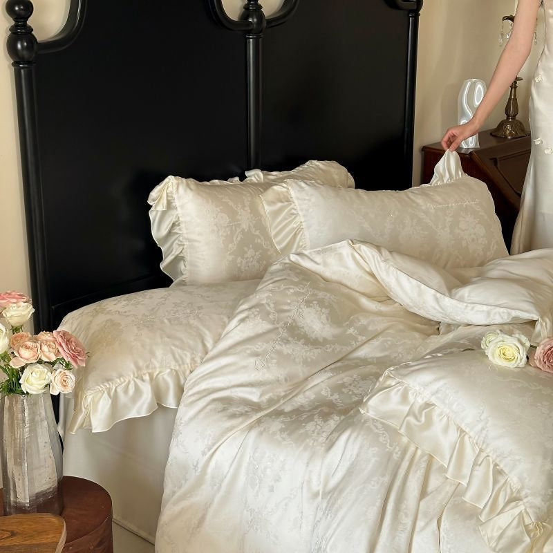 Luxurious jacquard satin bedding set with ruffled pillowcases
