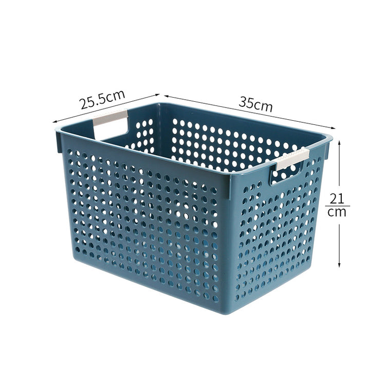 Flat plastic storage box with perforated side wall and grip recesses