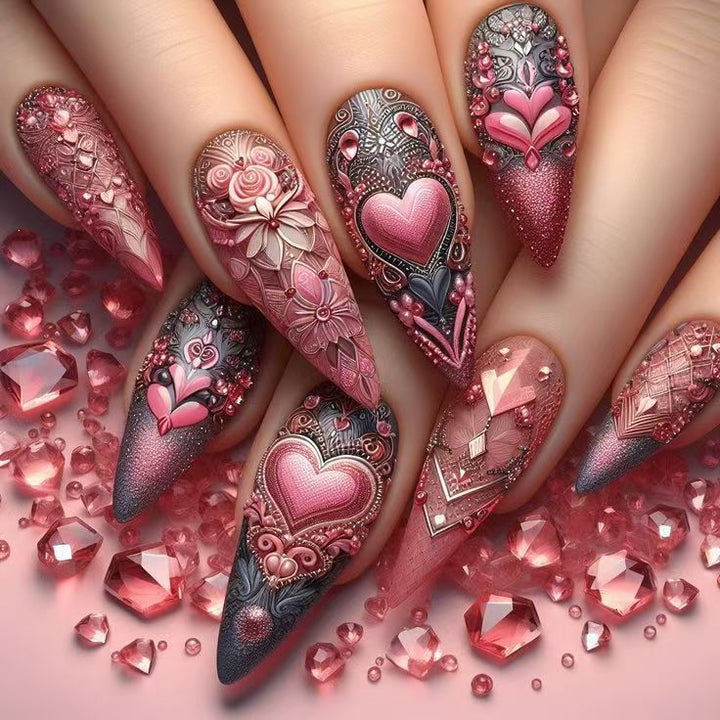 Artificial nail set with romantic 3D heart designs and luxurious embellishments Kalsten