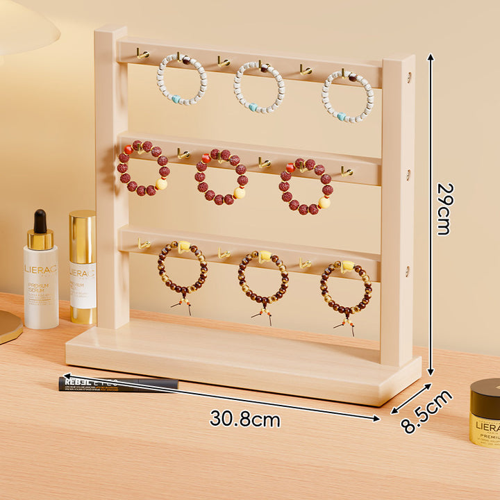 Triple-Tier Wooden Bracelet and Bangle Organizer Display Stand with Gold Hooks