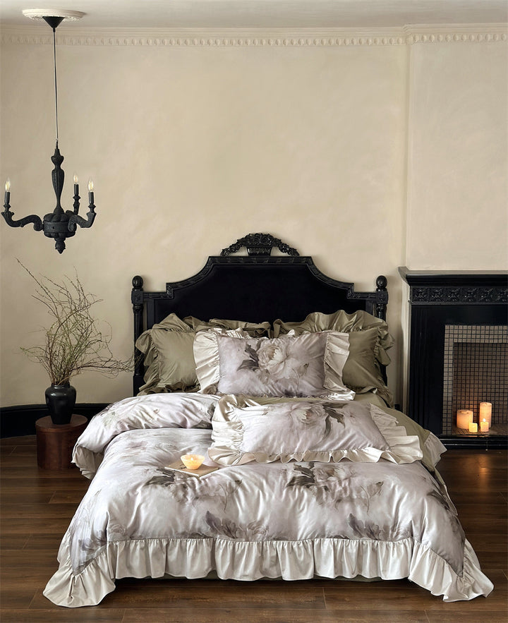 Luxurious satin bedding set with ruffles and watercolor flowers