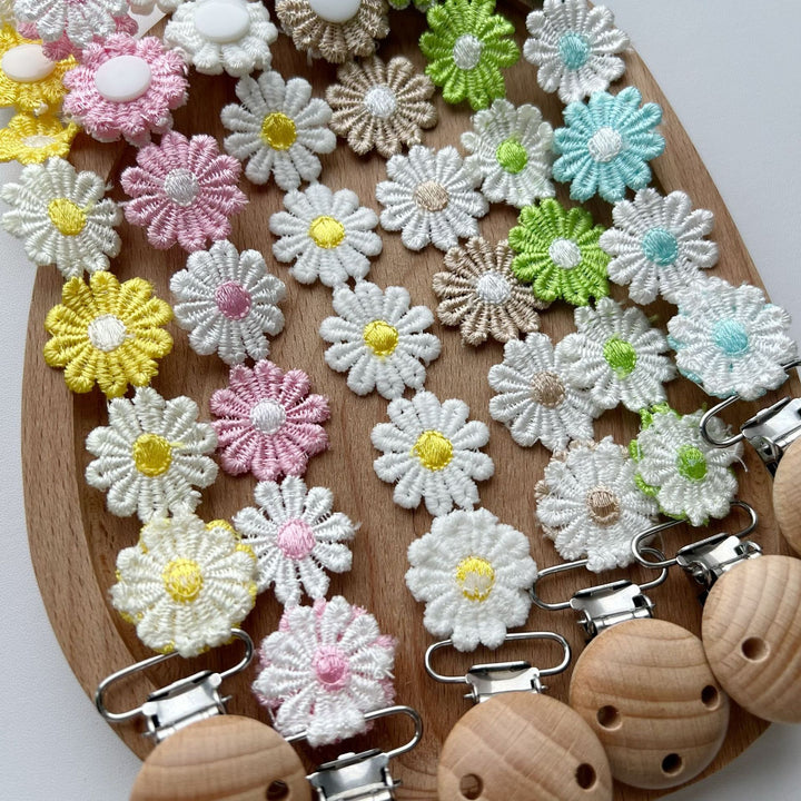 Handmade Crochet Daisy Pacifier Clip with Wooden Safety Clamp