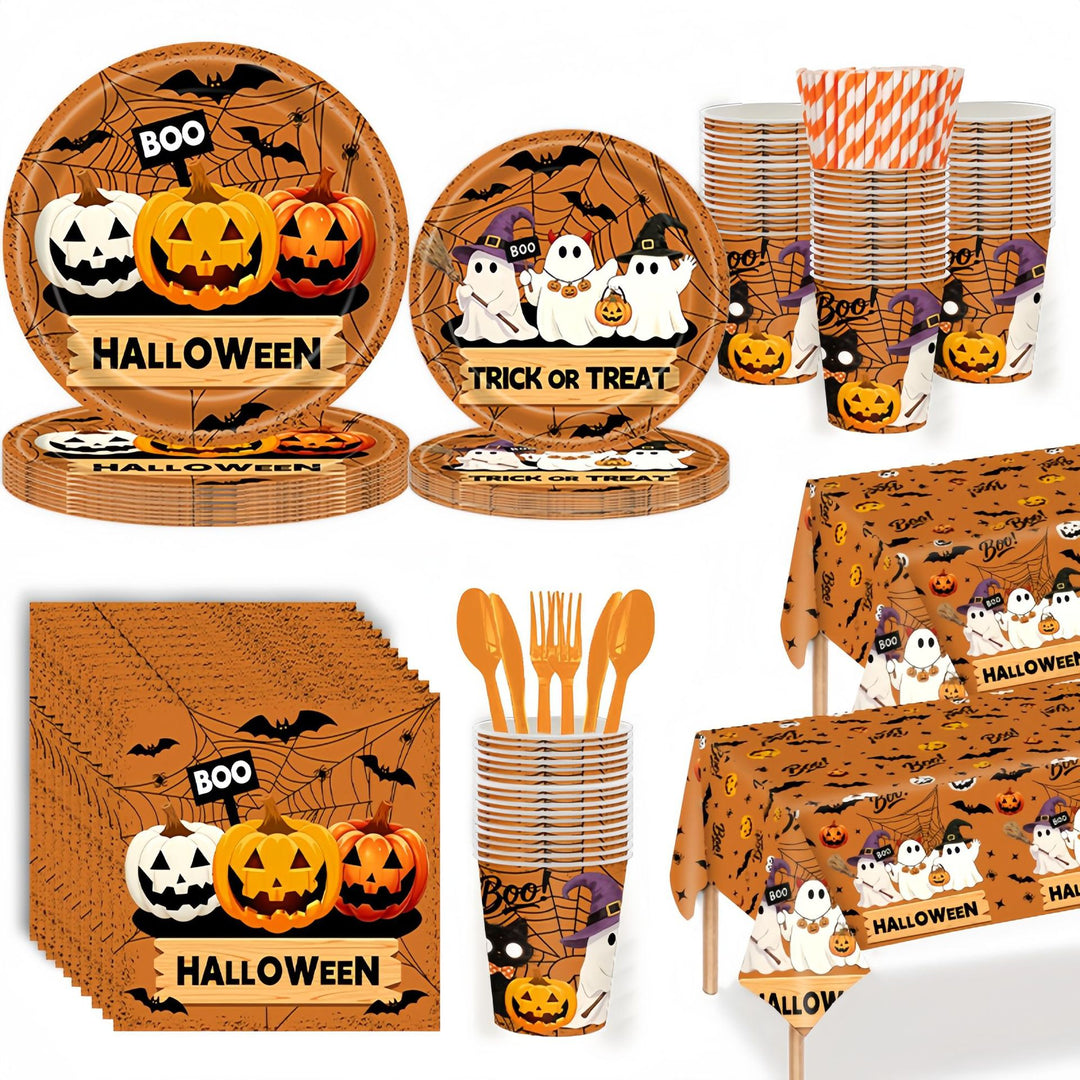 Disposable paper cups with Halloween pumpkin and ghost design stackable