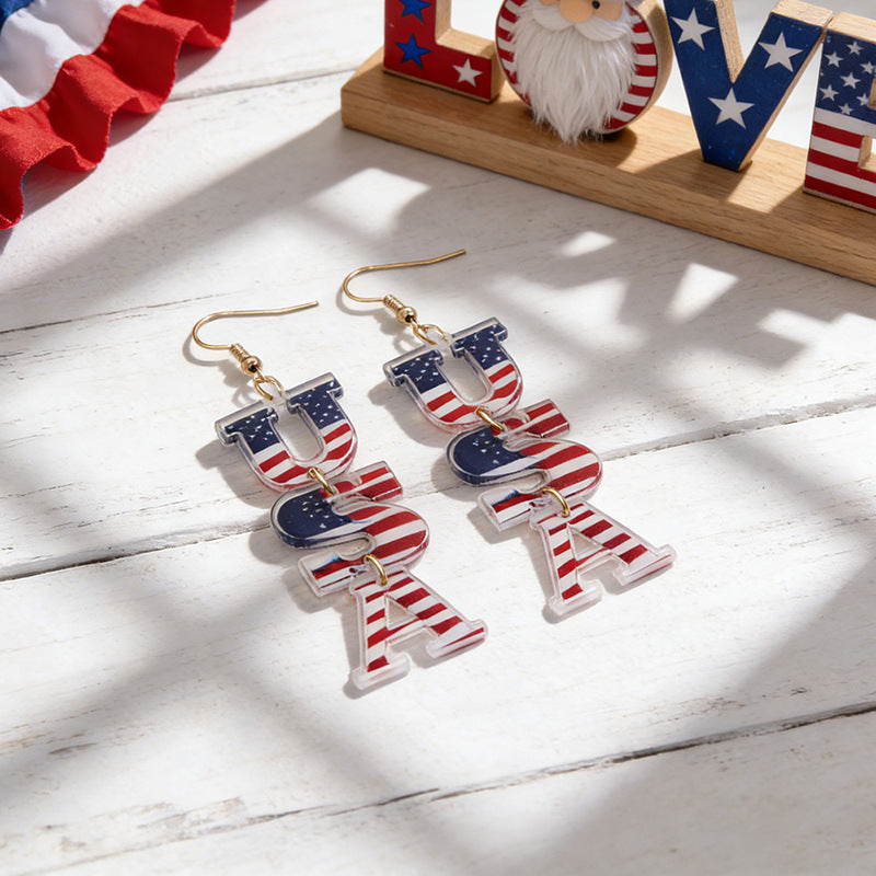 Women's nan patriotic bow dangle acrylic earrings with gold plated hooks and lightweight charm Kalsten