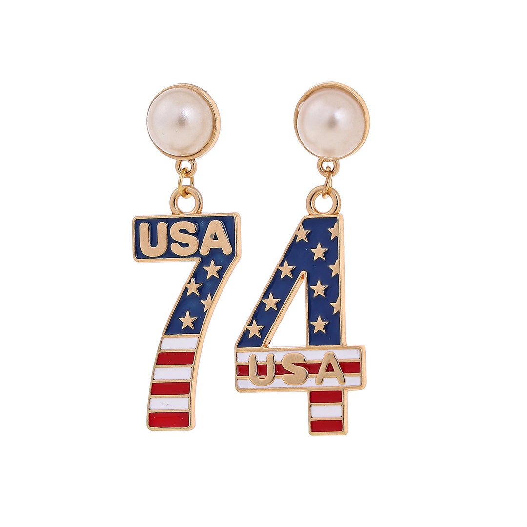 Women's nan patriotic enamel number drop earrings with faux pearl studs Kalsten