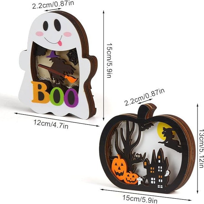 Wood decoration set three-dimensional Halloween shadow boxes with LED lighting and multi-layered motifs