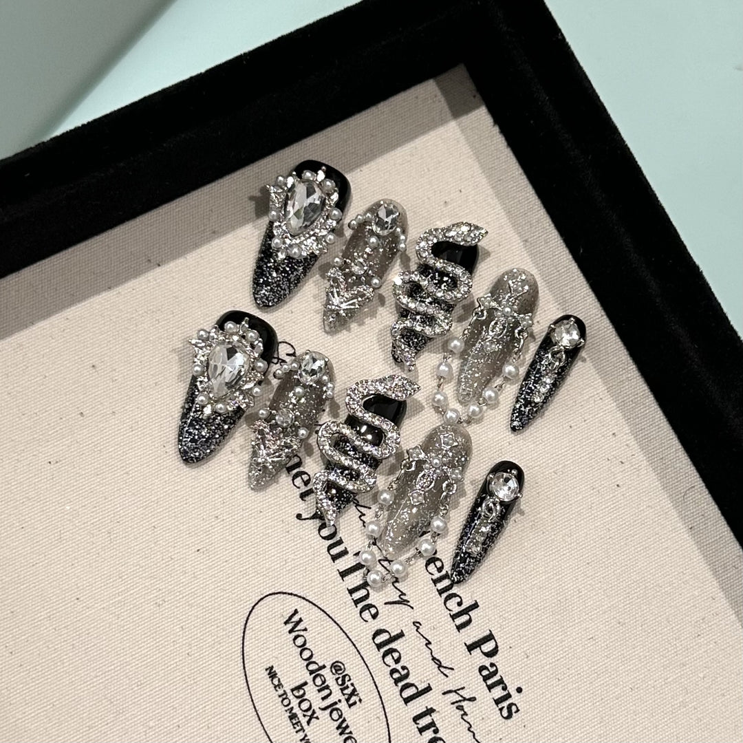 Decorative Press-On Nail Art Set with Crystal Embellishments