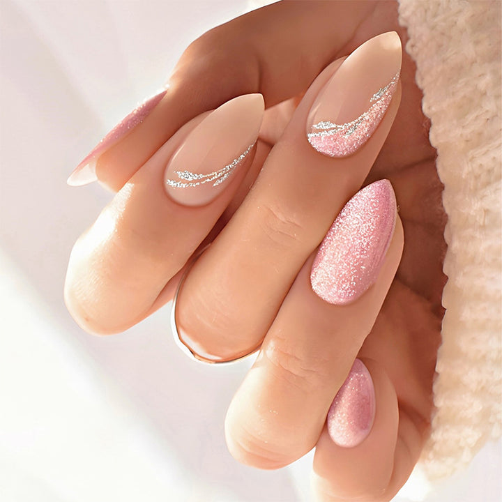Decorative Press-On Nail Art Set with Glitter and Silver Accents kalsten