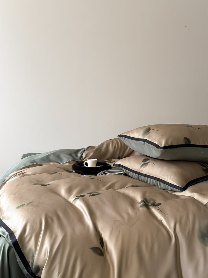 Luxury satin bedding set with floral print and elegant pillowcases