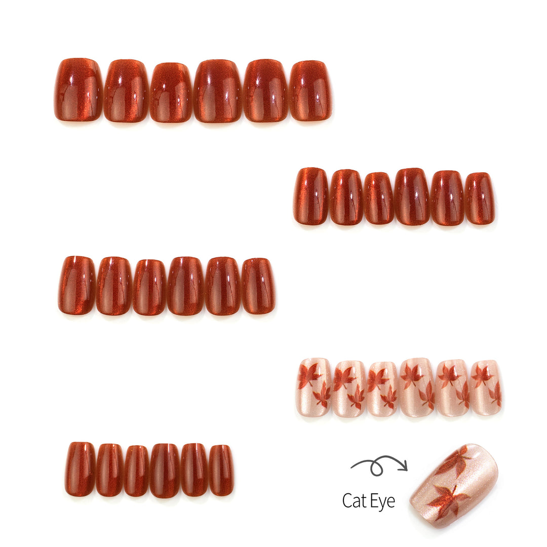 Manual Press-On Nail Set with Autumn Leaf Design