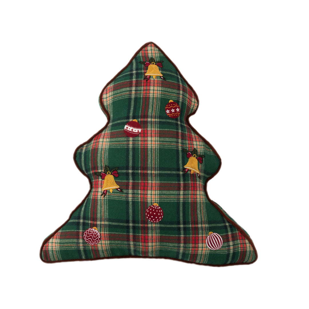 Christmas tree-shaped decorative pillow made of checked flannel with embroidered appliqués Kalsten
