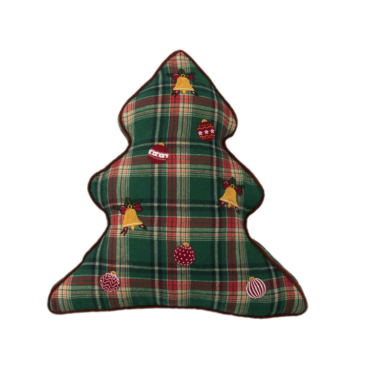 Christmas tree-shaped decorative pillow made of checked flannel with embroidered appliqués Kalsten