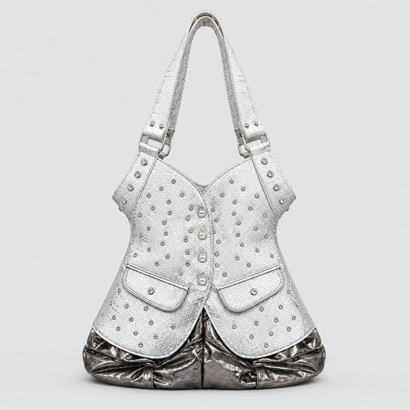 Studded Crocodile-Effect Leather Handbag
