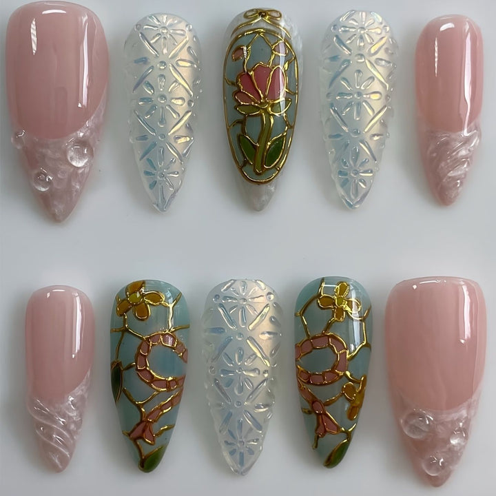 Artistic Floral and Gemstone Press-On Nail Set Kalsten