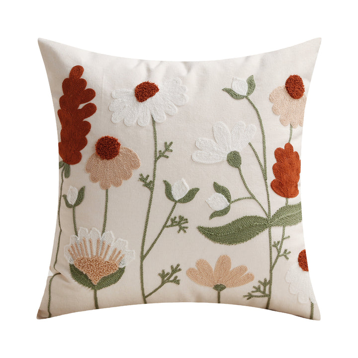 Embroidered Botanical Linen Decorative Pillow Cover with Textured Chenille Accents