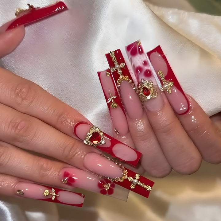 Glamorous Stiletto Press-On Nails with Artistic Gold and Red Accents Kalsten