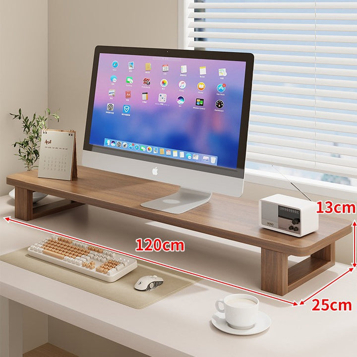 Wide Wooden Monitor Riser Shelf with Under-Shelf Storage and Cable Management