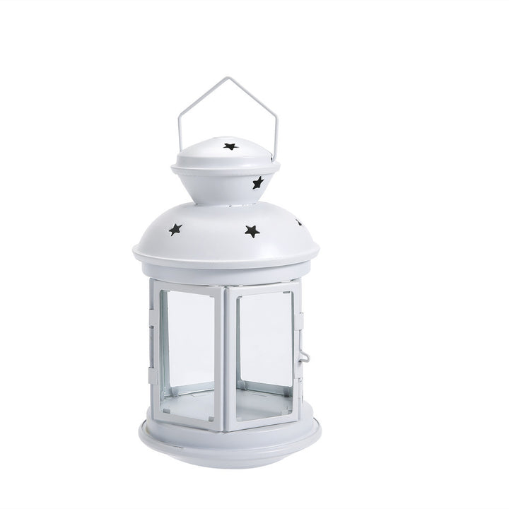 Vintage-Inspired Cylindrical Metal Tea Light Lantern with Star Vent Cutouts and Hinged Glass Door Kalsten