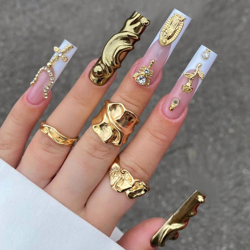 Decorative Press-On Nail Set with Stylish Gold Accents kalsten