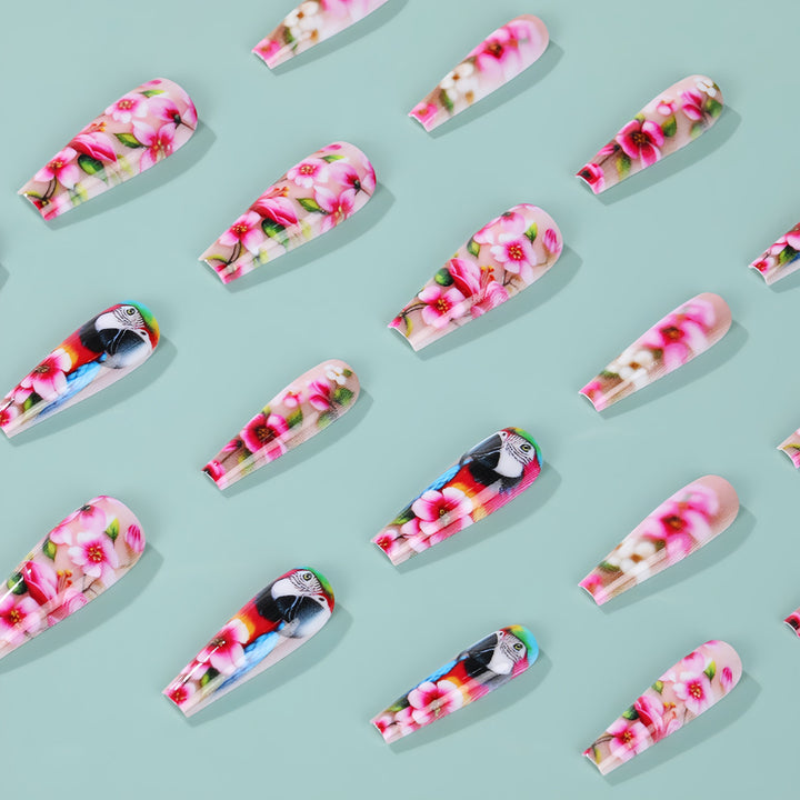 Exquisite Artificial Nails with Colorful Flower and Parrot Design Kalsten