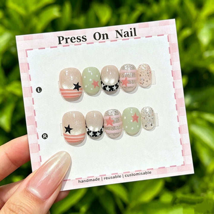 Artistic Press-On Nail Set with Floral and Graphic Designs