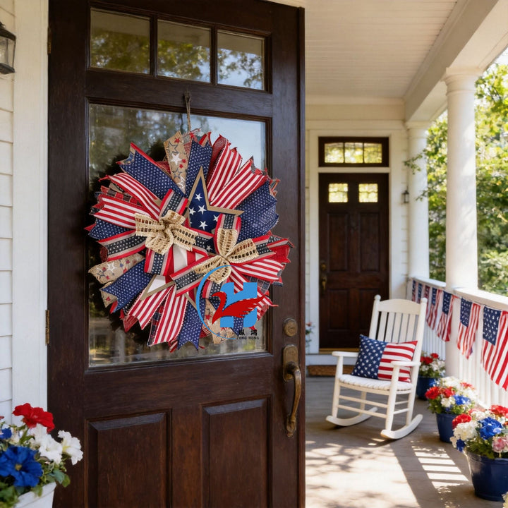 Unisex nan handcrafted patriotic star wreath with layered wooden stars, burlap ribbons and wired accents Kalsten