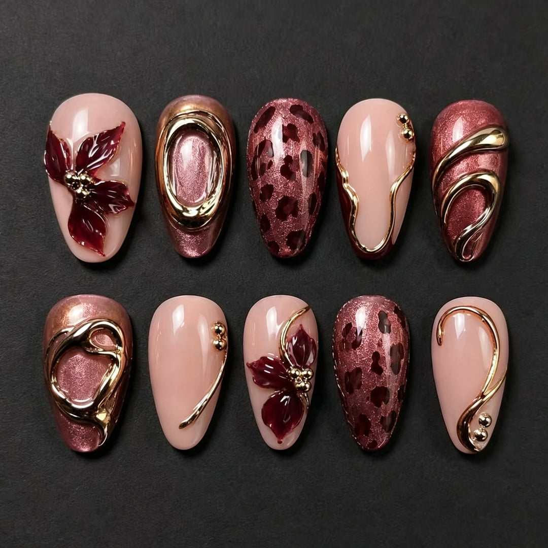 Artistic Press-On Nail Set with Floral and Metallic Accents