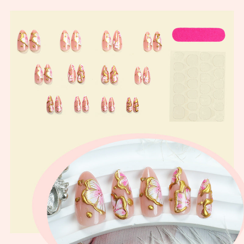 Artificial nails with graceful floral patterns and golden accents Kalsten