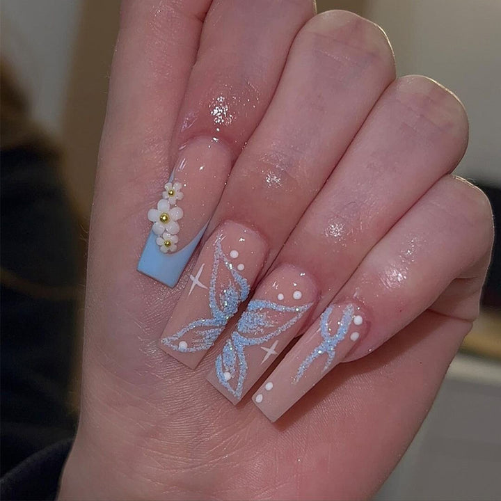 Decorative Long Press-On Nail Set with Floral and Glitter Accents Kalsten