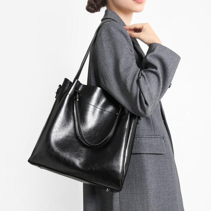Structured Glossy Leather-Look Large Shoulder Tote with Dual Top Handles