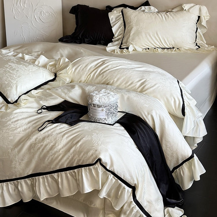Luxurious cotton satin bedding set with jacquard texture, ruffles, and contrasting piping