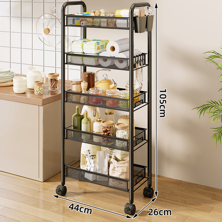 Three-Tier Rolling Mesh Kitchen Storage Cart with Side Utensil Caddy and Locking Casters