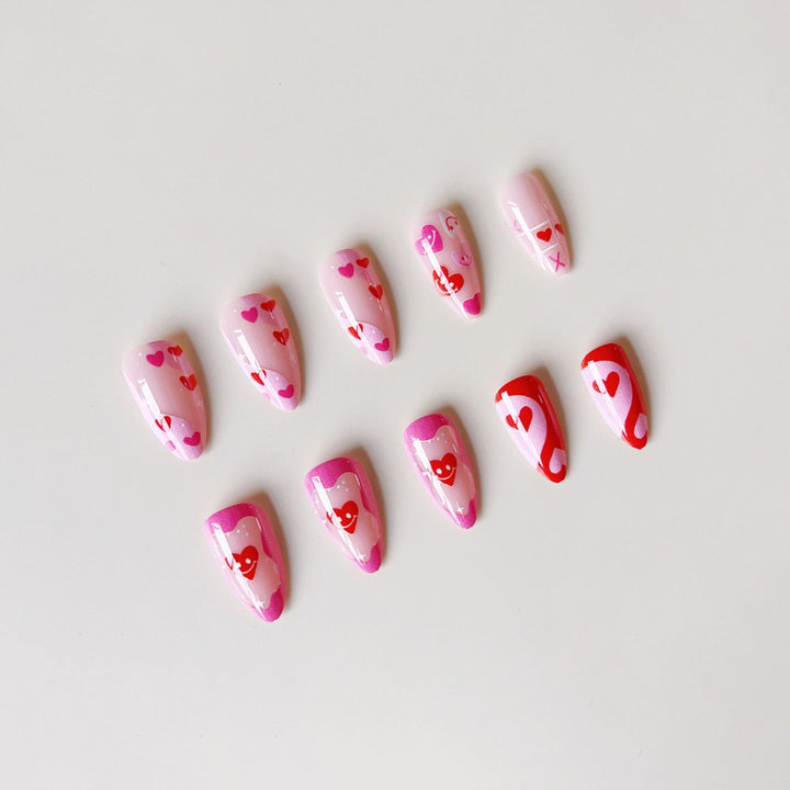 Acrylic nail set with romantic heart motifs and modern designs Kalsten