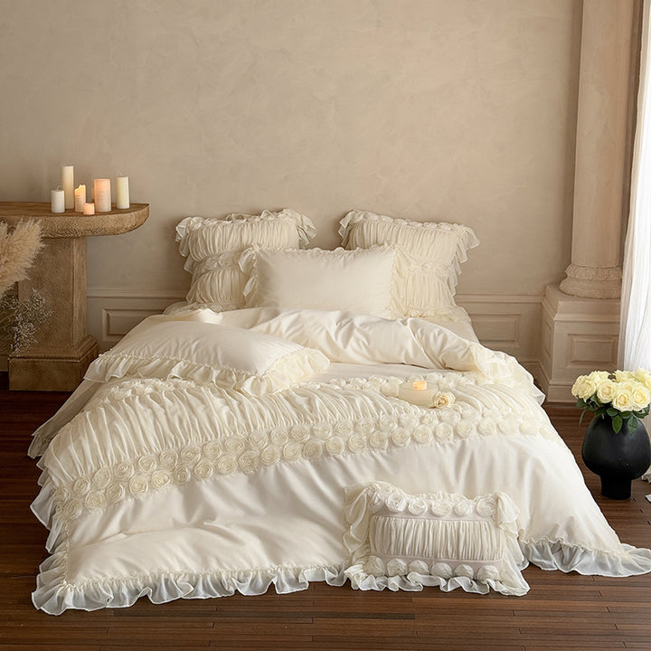 Luxurious Ruffle Bedding Set with Rose Appliqués and Volants