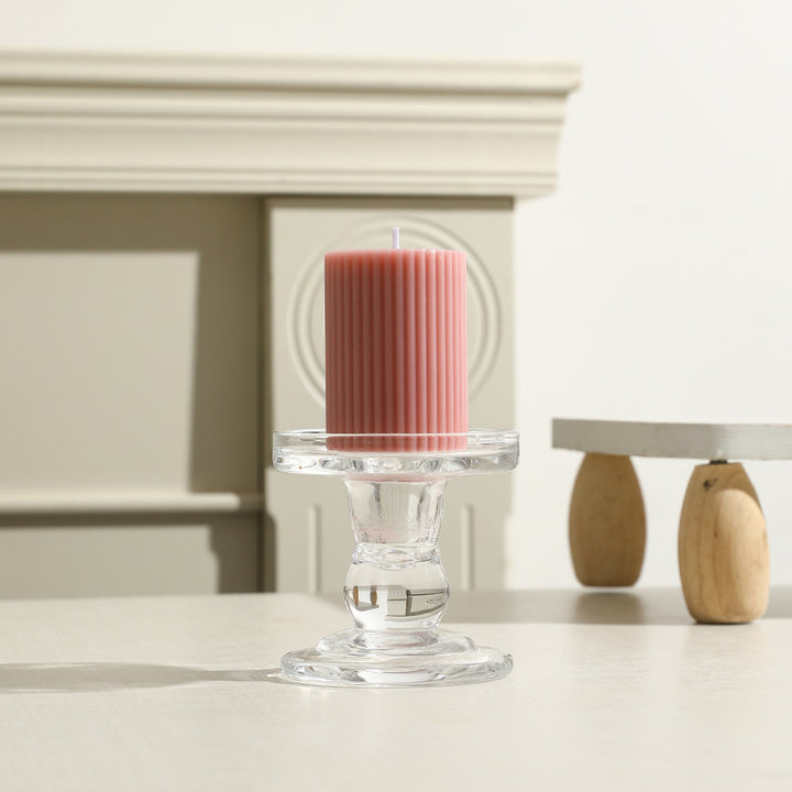 Ribbed Column Pillar Candle with Glass Pedestal Holder