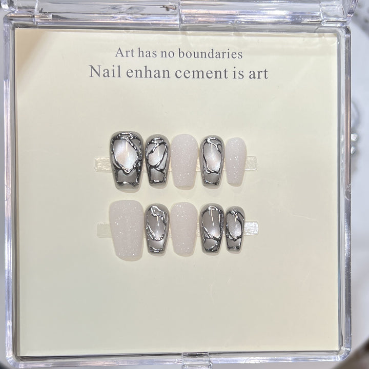 Elegant Acrylic Press-On Nail Art Set with Metallic Design Elements Kalsten