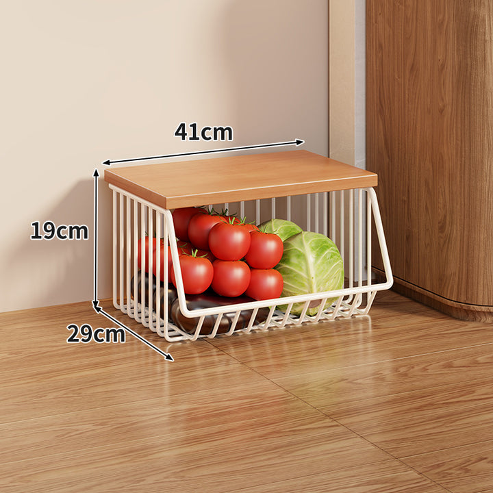 Compact Triple-Tier Rolling Wire Vegetable and Fruit Storage Cart with Wooden Top