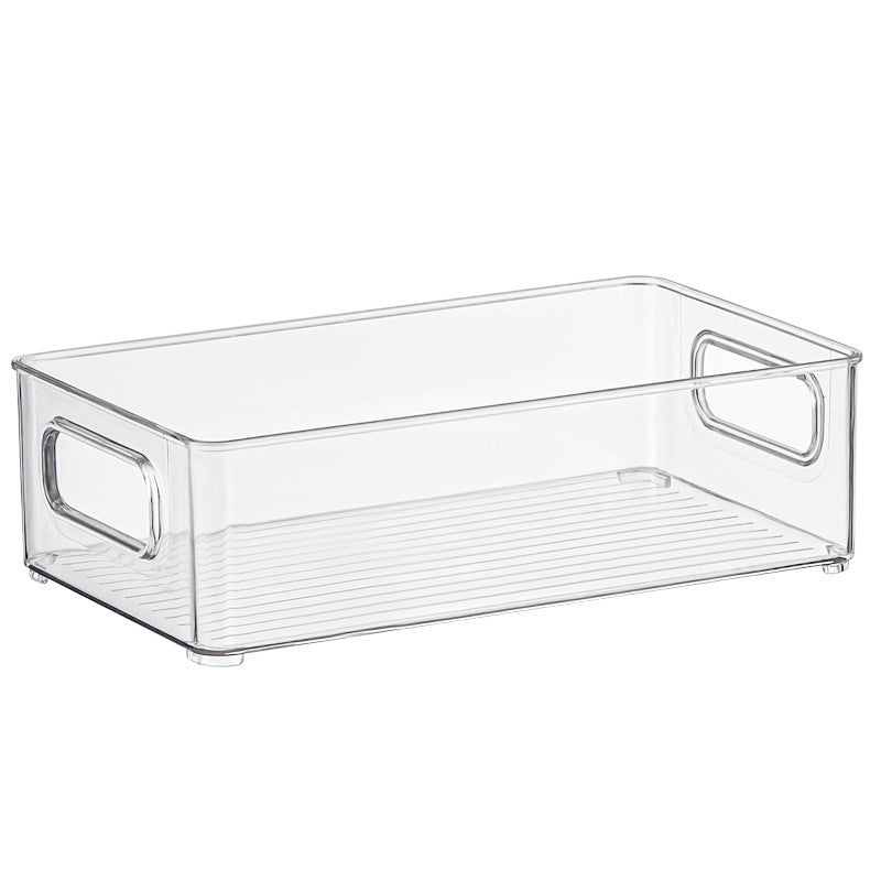 Flat transparent storage box with integrated handles and non-slip bottom