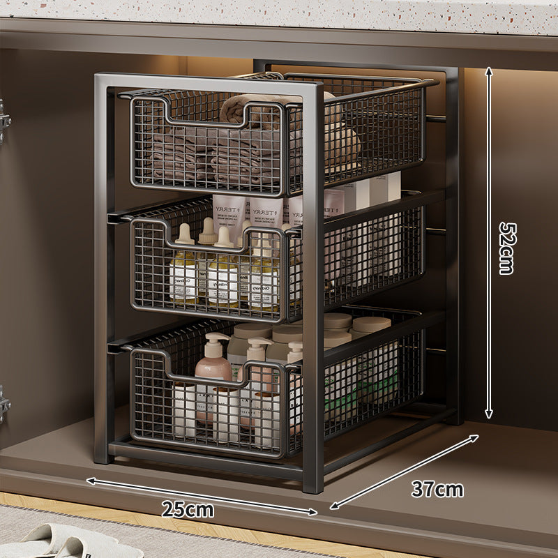 Under-Cabinet Sliding Three-Tier Mesh Basket Organizer with Removable Bins