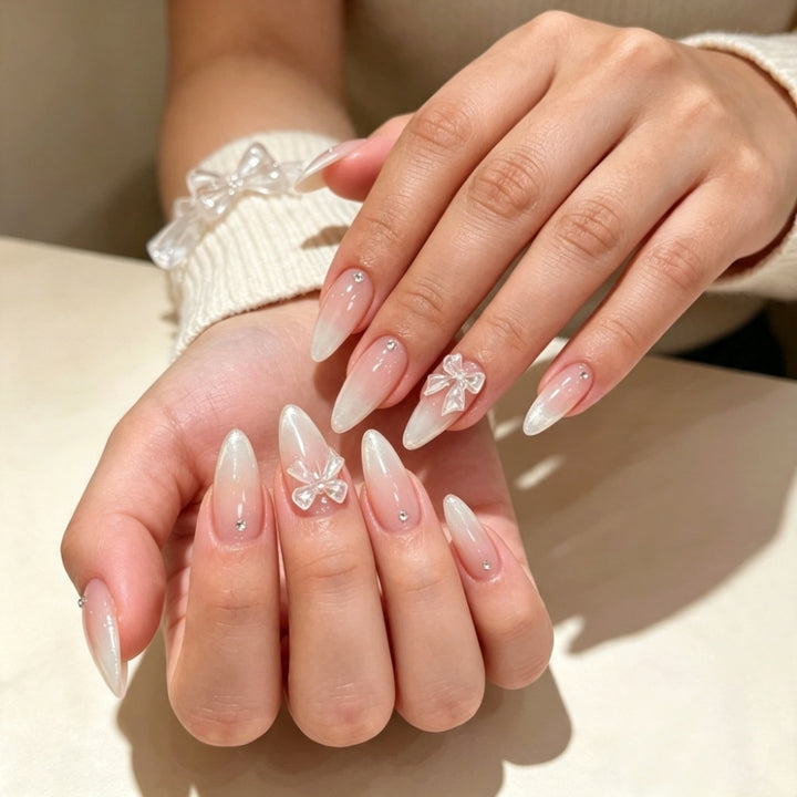 Elegant Press-On Nail Set with Decorative Bow and Gem Accents Kalsten