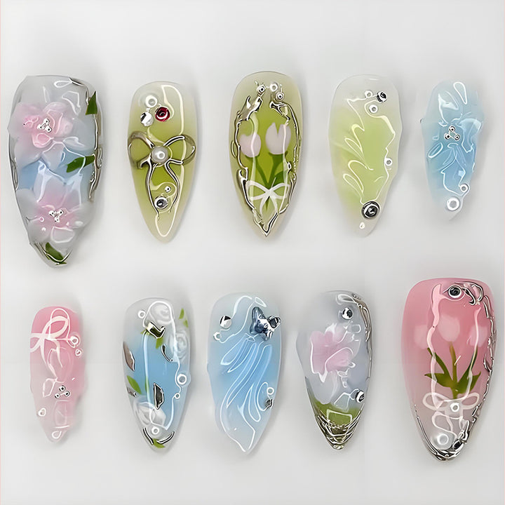Artificial nail set with elegant, handcrafted flower patterns Kalsten