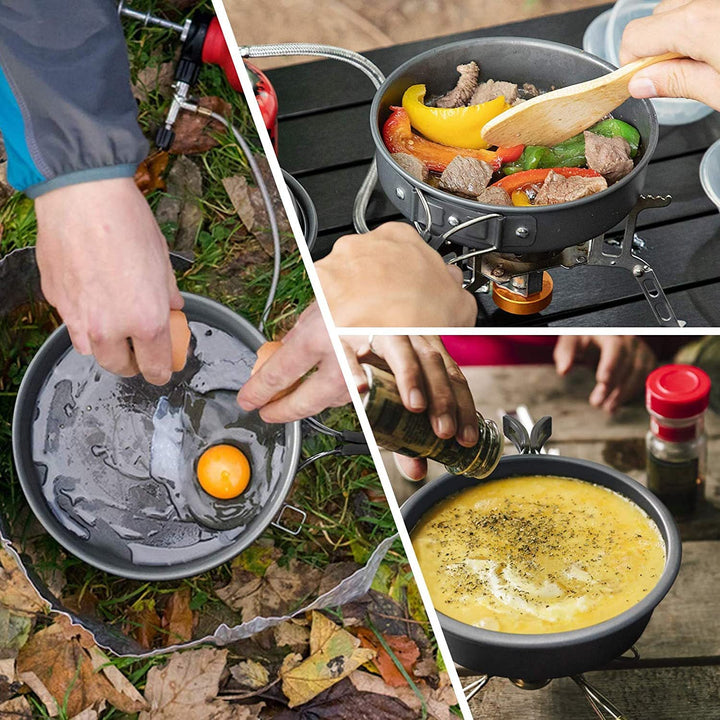 lightweight non-stick nesting camping cookware set with folding handles compact kettle pot pan and folding cutlery Kalsten