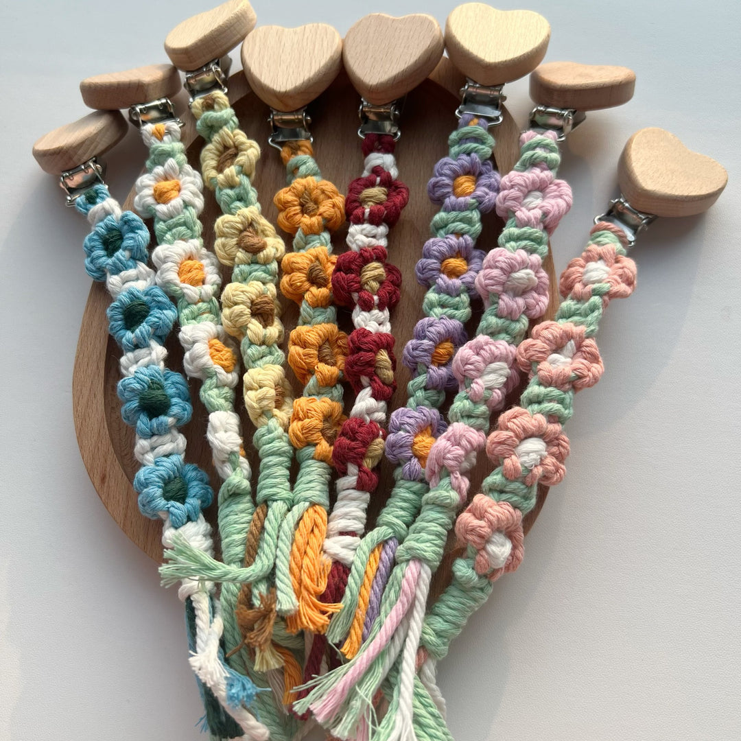Cotton Crochet Floral Pacifier and Teether Clip with Wooden Heart Safety Clip
